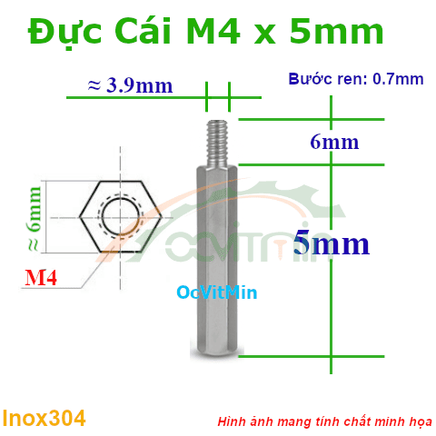 Trụ Inox304 Đực Cái Lục Giác M4x5mm - Tru Duc Cai