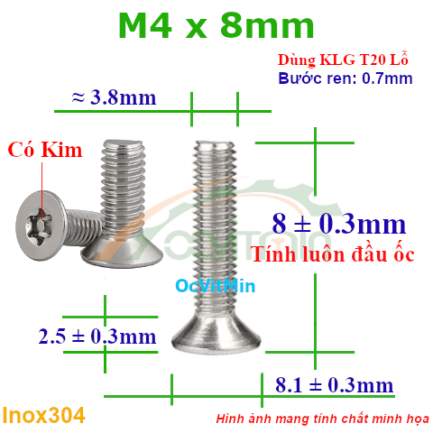 Ốc Lục Giác Bông Đầu Bằng M4x8mm Inox304 - Oc Luc Giac Bong Sao Dau Bang