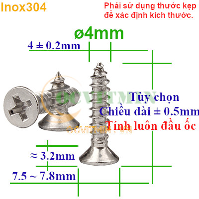 Vít Bake Ren Xoắn Đường Kính 4mm Đầu Bằng Inox 304