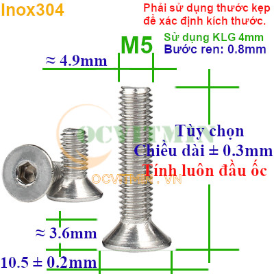 Ốc Lục Giác Đầu Bằng M5 Inox 304
