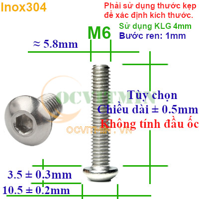 Ốc Lục Giác Đầu Dù M6 Inox 304