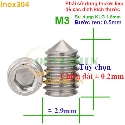 Vít Trí Đầu Nhọn M3 Lục Giác Chìm Inox 304