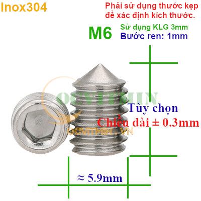 Vít Trí Đầu Nhọn M6 Lục Giác Chìm Inox 304