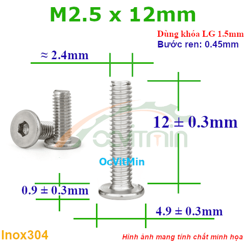 Ốc Lục Giác Dẹp Mỏng M2.5x12mm Inox304 - Oc Luc Giac Dep Mong
