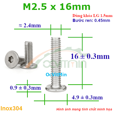 Ốc Lục Giác Dẹp Mỏng M2.5x16mm Inox304 - Oc Luc Giac Dep Mong