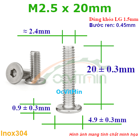 Ốc Lục Giác Dẹp Mỏng M2.5x20mm Inox304 - Oc Luc Giac Dep Mong