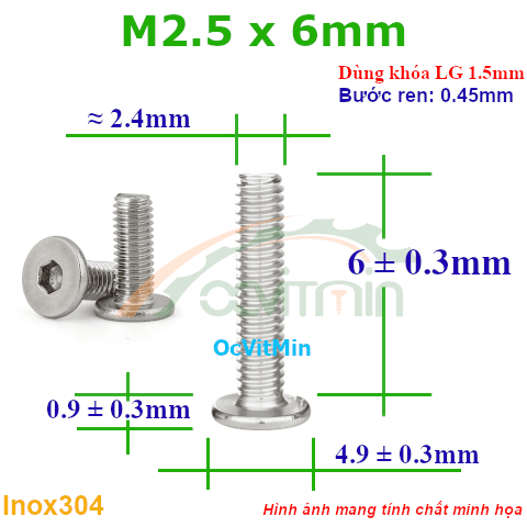Ốc Lục Giác Dẹp Mỏng M2.5x6mm Inox304 - Oc Luc Giac Dep Mong