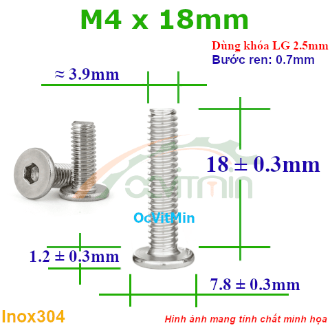 Ốc Lục Giác Dẹp Mỏng M4x18mm Inox304 - Oc Luc Giac Dep Mong