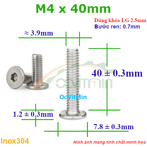 Ốc Lục Giác Dẹp Mỏng M4x40mm Inox304 - Oc Luc Giac Dep Mong