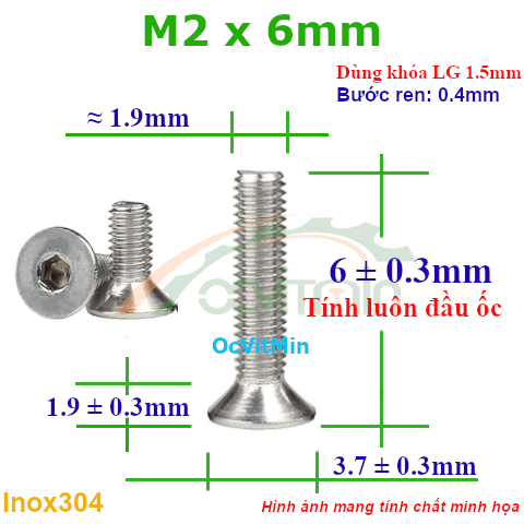 Ốc Lục Giác Đầu Bằng M2x6mm Inox304 - Oc Luc Giac Dau Bang