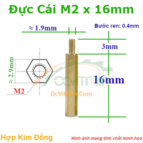 Trụ Đồng Đực Cái Lục Giác M2x16mm - Tru Dong Duc Cai Luc Giac