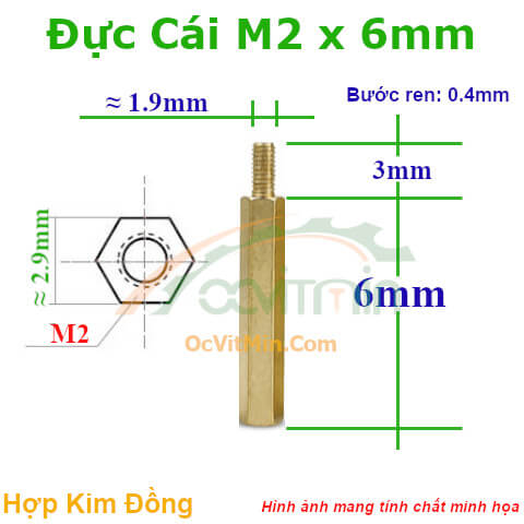 Trụ Đồng Đực Cái Lục Giác M2x6mm - Tru Dong Duc Cai Luc Giac