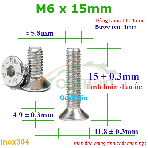 Ốc Lục Giác Đầu Bằng M6x15mm Inox304 - Oc Luc Giac Dau Bang