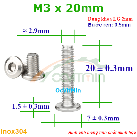 Ốc Lục Giác Đầu Dẹt Tròn M3x20mm Inox304 - Oc Luc Giac Dau Det Tron