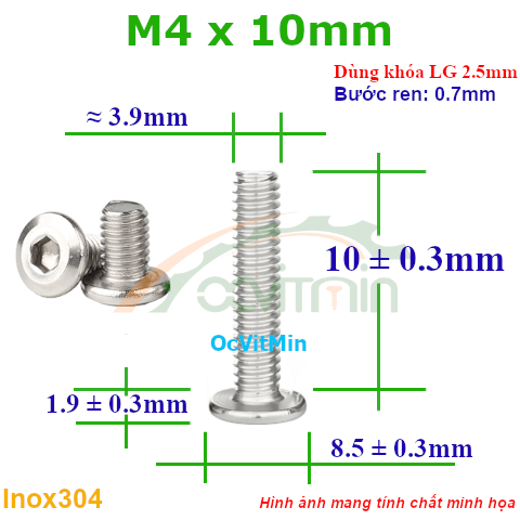 Ốc Lục Giác Đầu Dẹt Tròn M4x10mm Inox304 - Oc Luc Giac Dau Det Tron