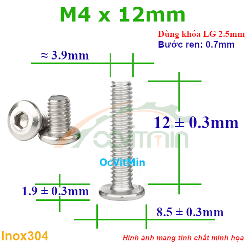 Ốc Lục Giác Đầu Dẹt Tròn M4x12mm Inox304 - Oc Luc Giac Dau Det Tron