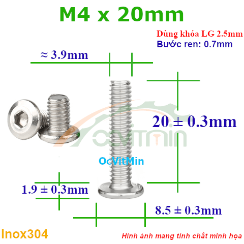 Ốc Lục Giác Đầu Dẹt Tròn M4x20mm Inox304 - Oc Luc Giac Dau Det Tron