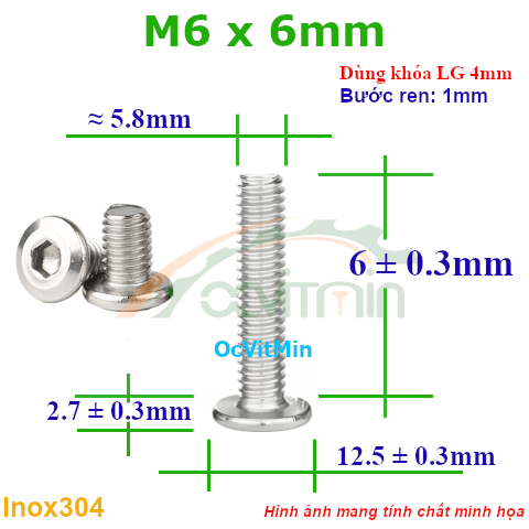 Ốc Lục Giác Đầu Dẹt Tròn M6x6mm Inox304 - Oc Luc Giac Dau Det Tron