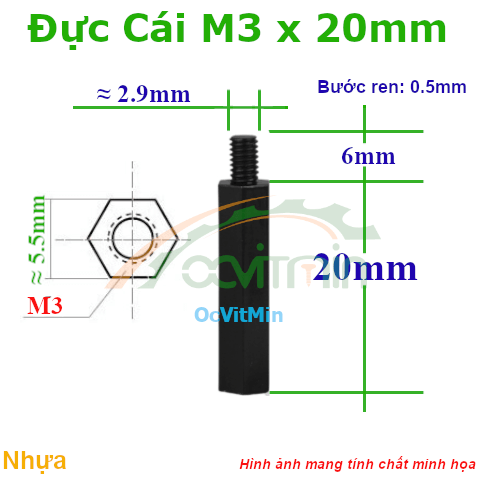 Trụ Nhựa Đực Cái Lục Giác M3x20mm - Tru Nhua Duc Cai Luc Giac