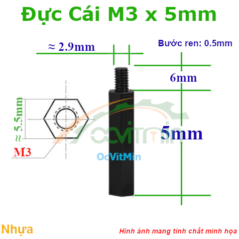 Trụ Nhựa Đực Cái Lục Giác M3x5mm - Tru Nhua Duc Cai Luc Giac