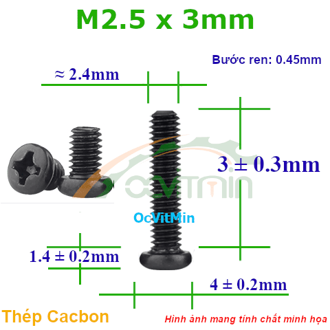 Ốc Bake Đầu Tròn M2.5x3mm Thép Cacbon - Oc PaKe Dau Tron