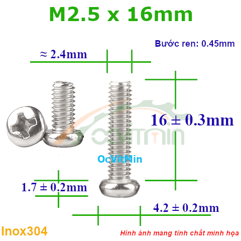 Ốc Bake Đầu Tròn M2.5x16mm Inox304 - Oc PaKe Dau Tron
