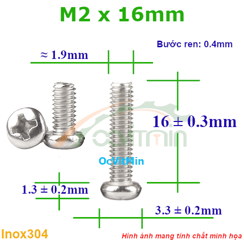 Ốc Bake Đầu Tròn M2x16mm Inox304 - Oc PaKe Dau Tron