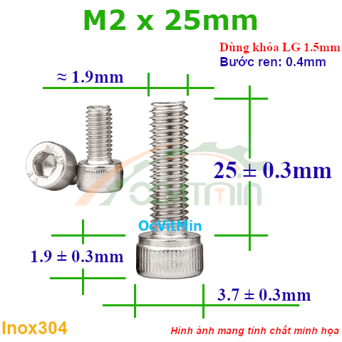 Ốc Lục Giác Đầu Trụ M2x25mm Inox304 - Oc Luc Giac Dau Tru