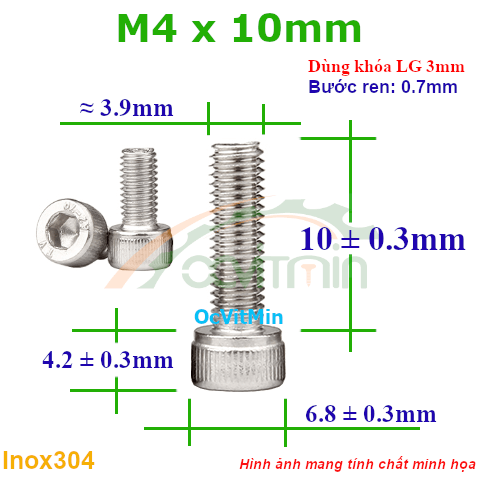 Ốc Lục Giác Đầu Trụ M4x10mm Inox304 - Oc Luc Giac Dau Tru