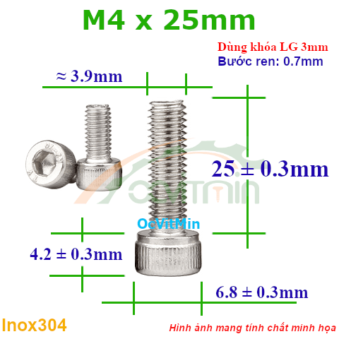 Ốc Lục Giác Đầu Trụ M4x25mm Inox304 - Oc Luc Giac Dau Tru