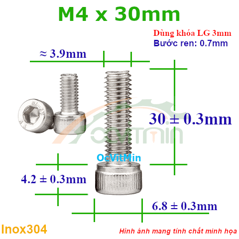 Ốc Lục Giác Đầu Trụ M4x30mm Inox304 - Oc Luc Giac Dau Tru
