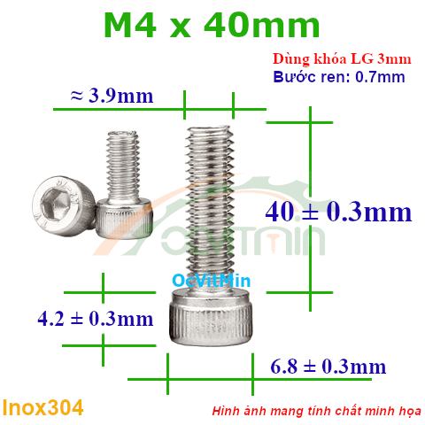 Ốc Lục Giác Đầu Trụ M4x40mm Inox304 - Oc Luc Giac Dau Tru
