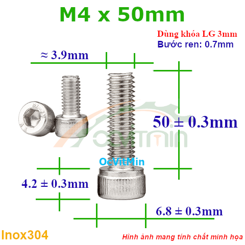Ốc Lục Giác Đầu Trụ M4x50mm Inox304 - Oc Luc Giac Dau Tru