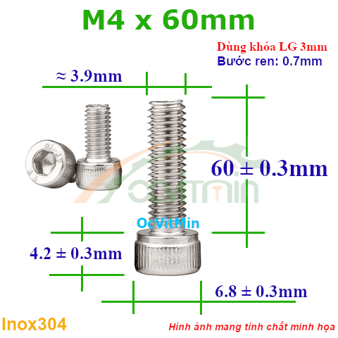 Ốc Lục Giác Đầu Trụ M4x60mm Inox304 - Oc Luc Giac Dau Tru