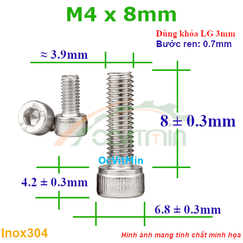 Ốc Lục Giác Đầu Trụ M4x8mm Inox304 - Oc Luc Giac Dau Tru