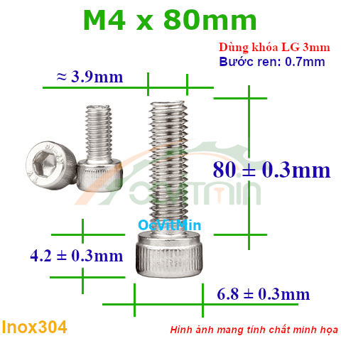 Ốc Lục Giác Đầu Trụ M4x80mm Inox304 - Oc Luc Giac Dau Tru