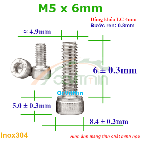 Ốc Lục Giác Đầu Trụ M5x6mm Inox304 - Oc Luc Giac Dau Tru
