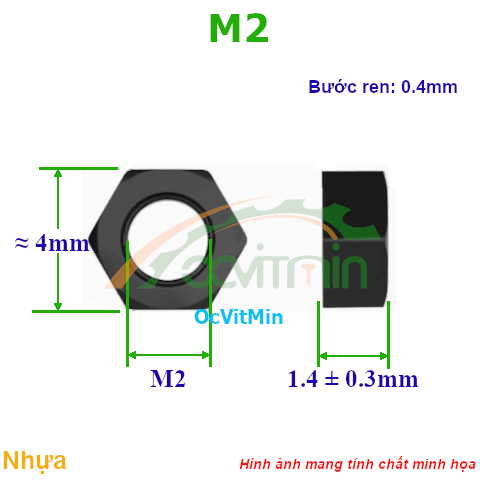 Đai Ốc Lục Giác M2 Tán Nhựa - Dai Oc Tan Ecu Luc Giac Nhua