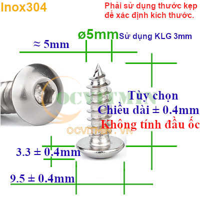 Vít Lục Giác Đầu Dù Ren Xoắn ø5mm Vít Ren Thưa Inox 304
