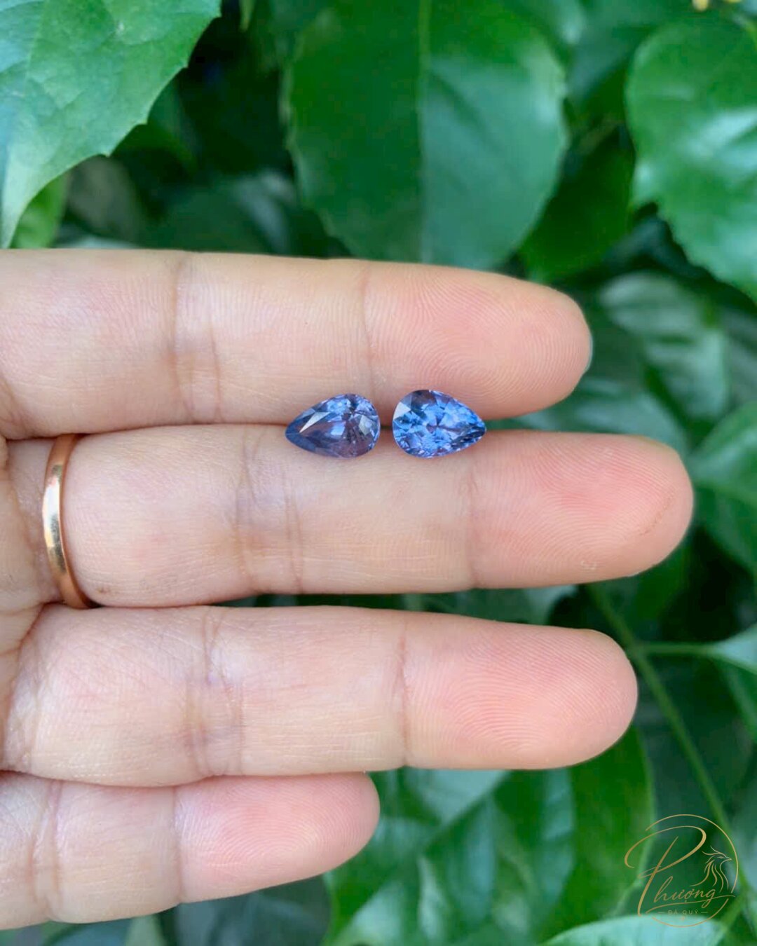 Cặp spinel xanh Bãi Bưởi dáng giọt nước cầm trên tay dưới ánh sáng ban ngày