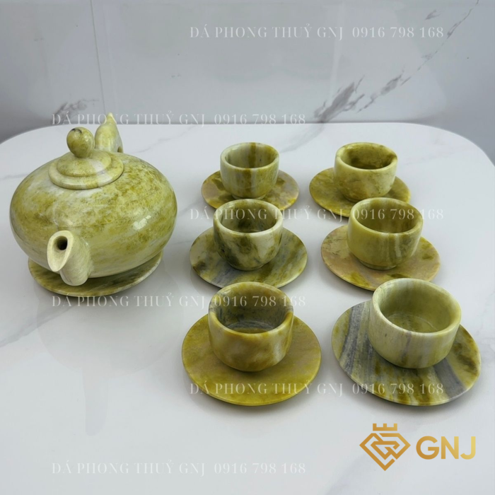 Bộ Ấm Trà, Ấm Chén Đá Ngọc Sepentine Tự Nhiên Nguyên Khối Chế Tác Thủ Công