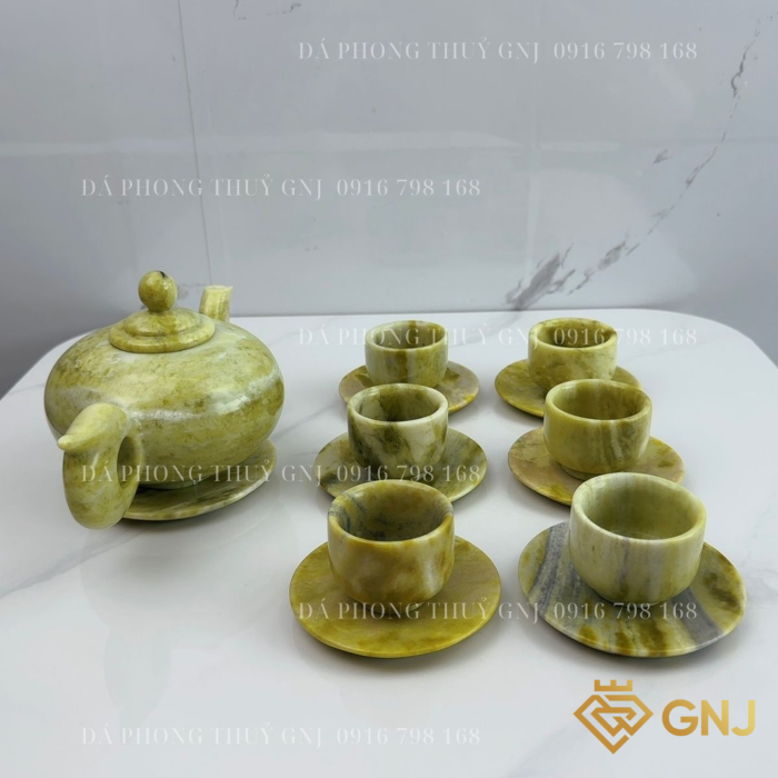 Bộ Ấm Trà, Ấm Chén Đá Ngọc Sepentine Tự Nhiên Nguyên Khối Chế Tác Thủ Công