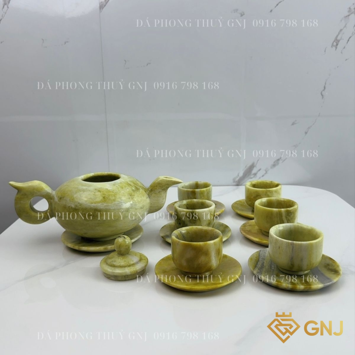 Bộ Ấm Trà, Ấm Chén Đá Ngọc Sepentine Tự Nhiên Nguyên Khối Chế Tác Thủ Công