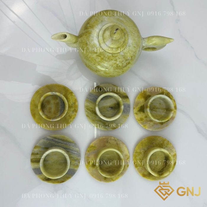 Bộ Ấm Trà, Ấm Chén Đá Ngọc Sepentine Tự Nhiên Nguyên Khối Chế Tác Thủ Công