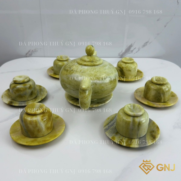 Bộ Ấm Trà, Ấm Chén Đá Ngọc Sepentine Tự Nhiên Nguyên Khối Chế Tác Thủ Công