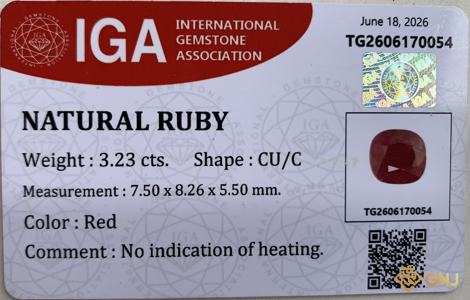 Đá ruby tự nhiên 3,23ct — giấy kiểm định IGA số TG2606170054