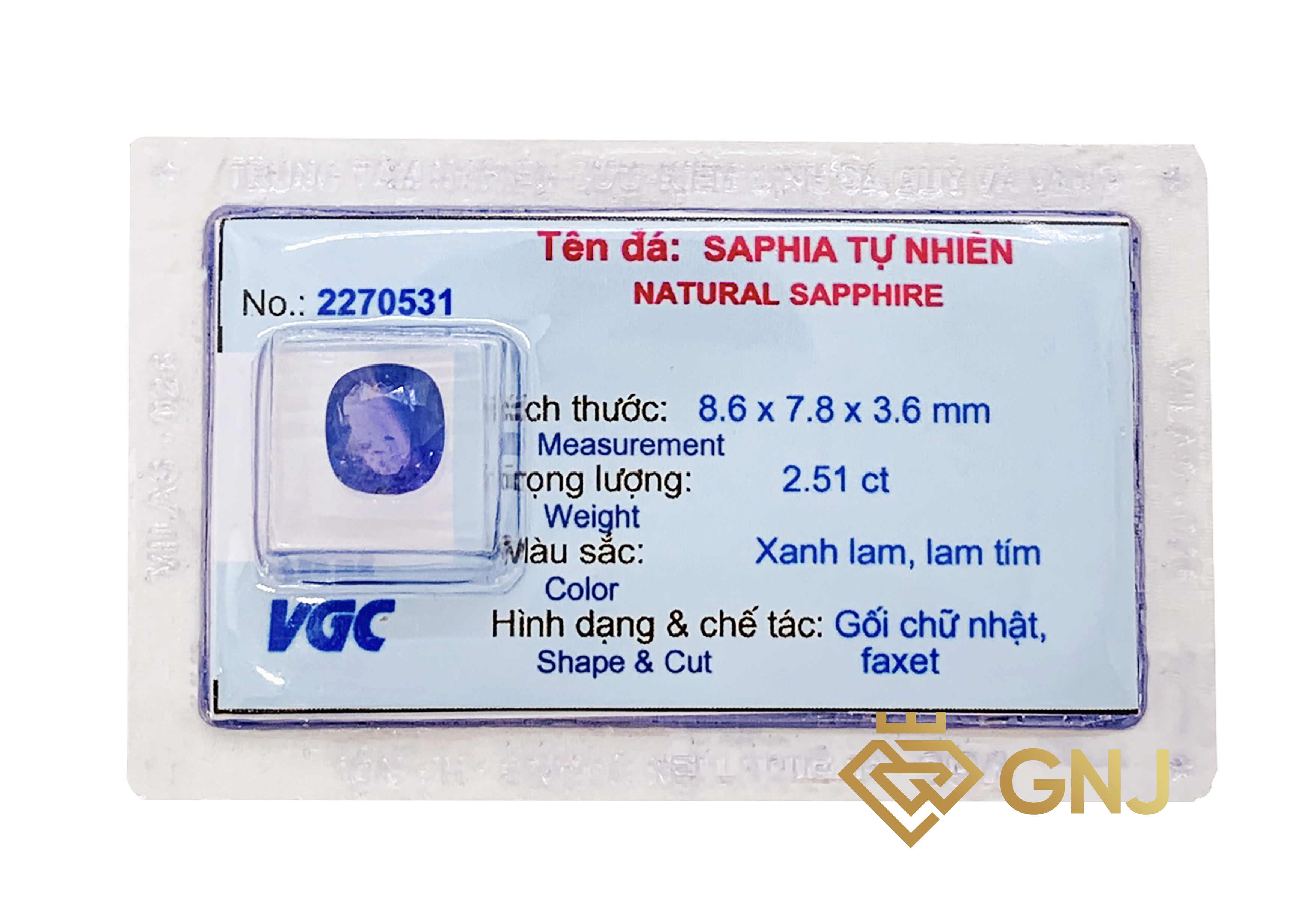 Đá Saphia Tự Nhiên Tài Lộc — mặt trước, đá quý tự nhiên có kiểm định GNJ