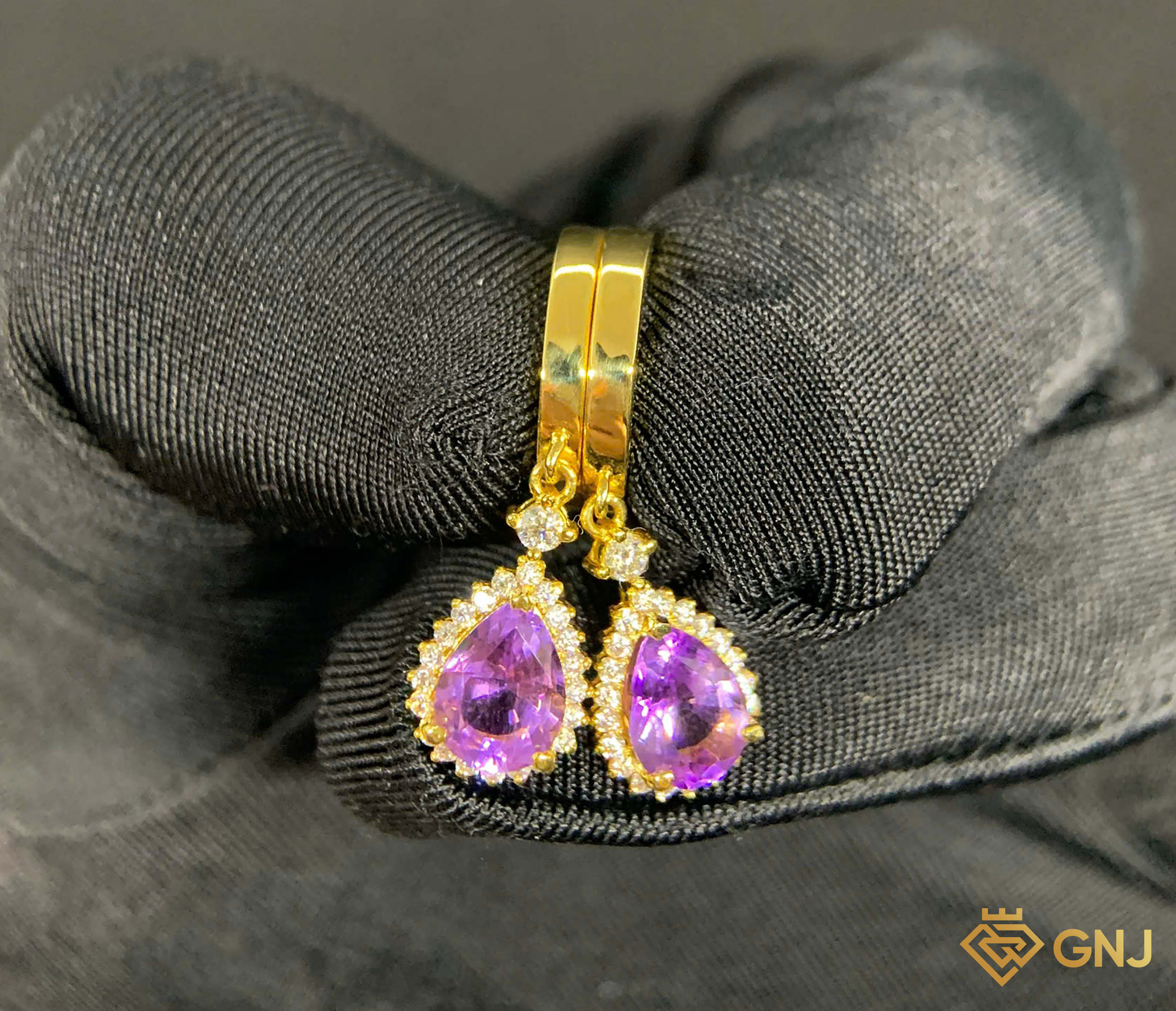 Hoa tai vàng đính đá Amethyst tự nhiên