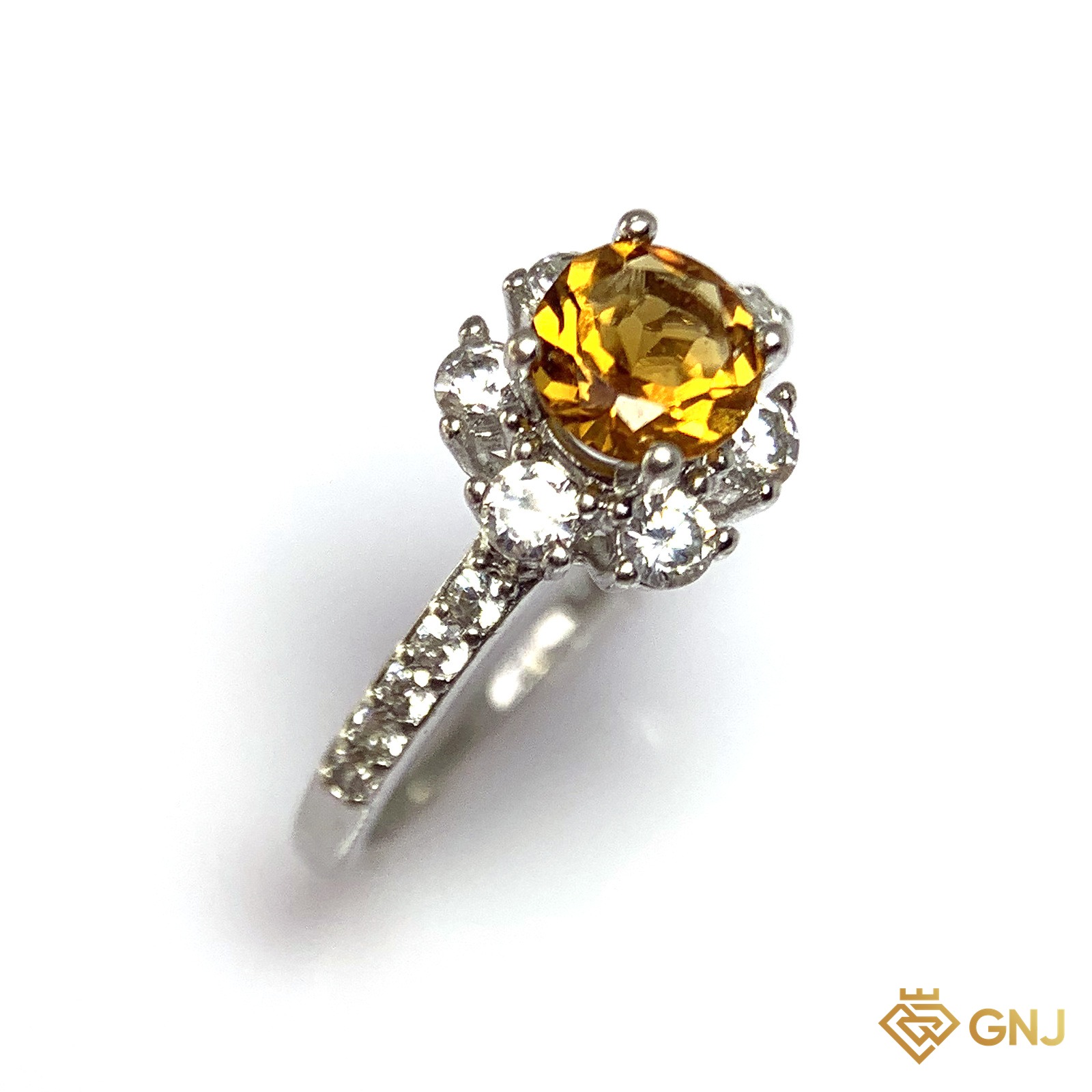 Nhẫn Bạc Xi Vàng Trắng Đính Đá Citrine Tự Nhiên — ảnh chính diện trên nền trắng