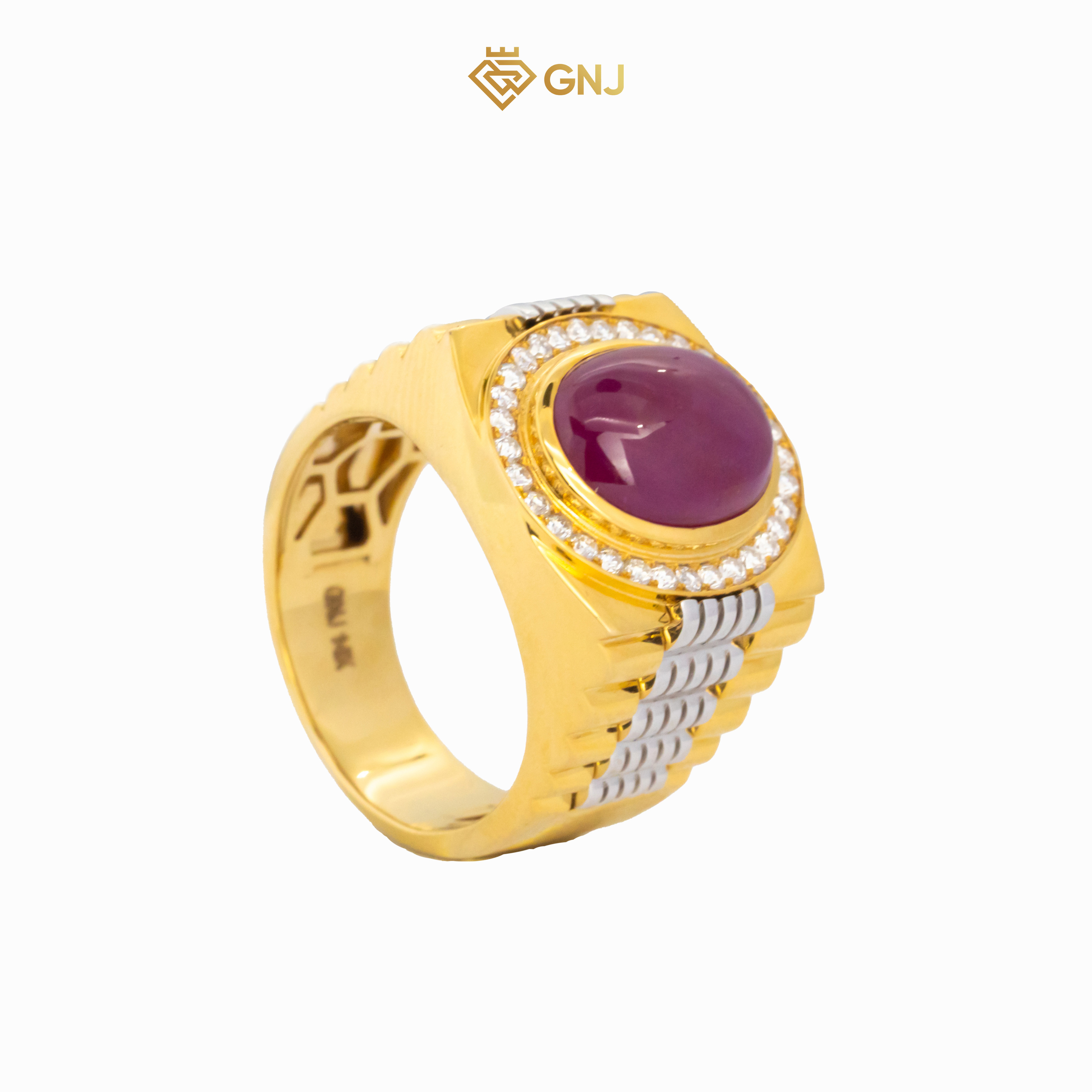 Nhẫn vàng nam đá chủ Ruby cabochon mặt vòm trơn không giác